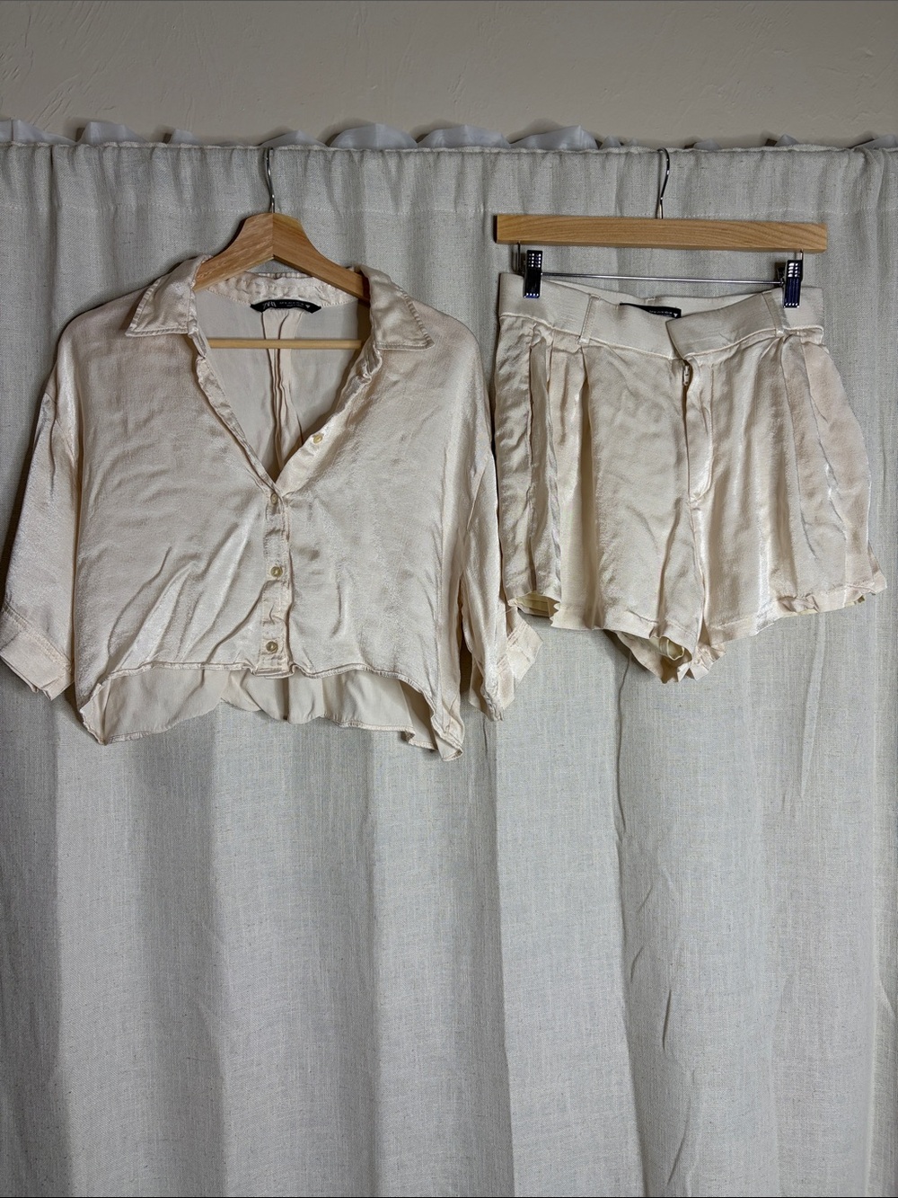 Zara Cream Satin Button-Up Top & Matching Shorts Set